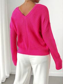 SHEIN LUNE V-Neck Dropped Shoulder Solid Color Sweater, Spring Autumn, Knit Pullover Fall Winter - Hot Pink - View 2