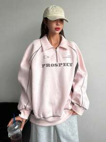 DAZY 女式休闲字母印花保暖内衬圆领运动衫，秋冬 - 粉色 - 查看 5