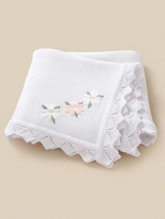 1pc Knitted Baby Blanket, Floral Embroidery Waves Edge, Soft & Simple, Suitable For Stroller, 4 Seasons Love Valentine