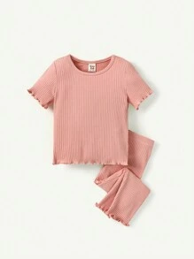 Cozy Pixies طقم قميص وبنطلون بياقة مستديرة وتريم كشكش لون أحادي للبنات الصغيرات 4 قطع - وردي - مشاهدة 4