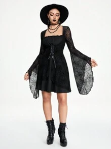 ROMWE Goth 女式不对称下摆系带喇叭袖迷你连衣裙，带有蜘蛛网纹理拼布，适合万圣节