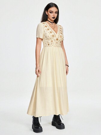 Fairycore Vestido de lino ajustado con corte evasé, bordado con estrellas y lunas, estilo hada de vacaciones para mujeres