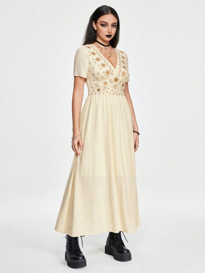 Fairycore Abito in lino aderente a-line ricamato con stelle e luna in stile fatato per vacanze, per donne