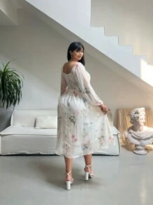 Easura 加大码花卉褶皱前扣长裙，休闲度假长款女装秋季服装 - 杏色 - 查看 3