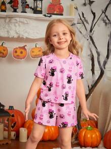 SHEIN Bộ đồ ngủ 2 món chống cháy in hình mèo đen dễ thương theo chủ đề Halloween cho bé gái, trang phục đôi cho mẹ và bé (3 bộ được bán riêng) - Hồng - Xem 4