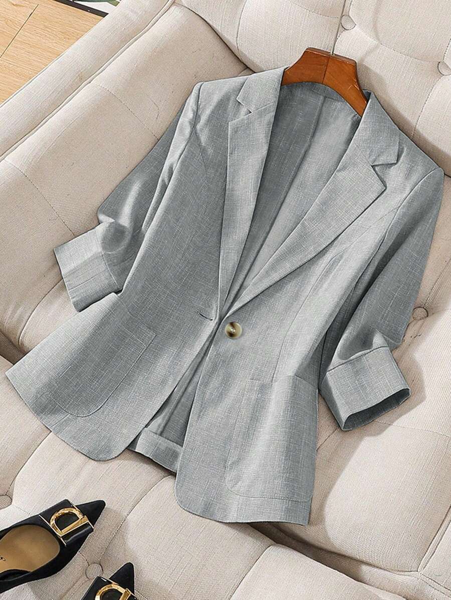 EMERY ROSE 3/4 袖翻领收腰亚麻休闲西装外套 - 灰色 - 查看 1