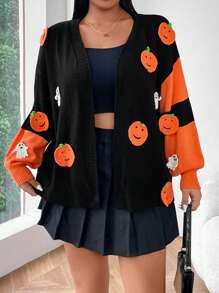 Flirla Cardigan Casual Aberto com Blocos de Cor Texturizada de Abóbora e Fantasma, para Outono e Halloween, em Plus Size