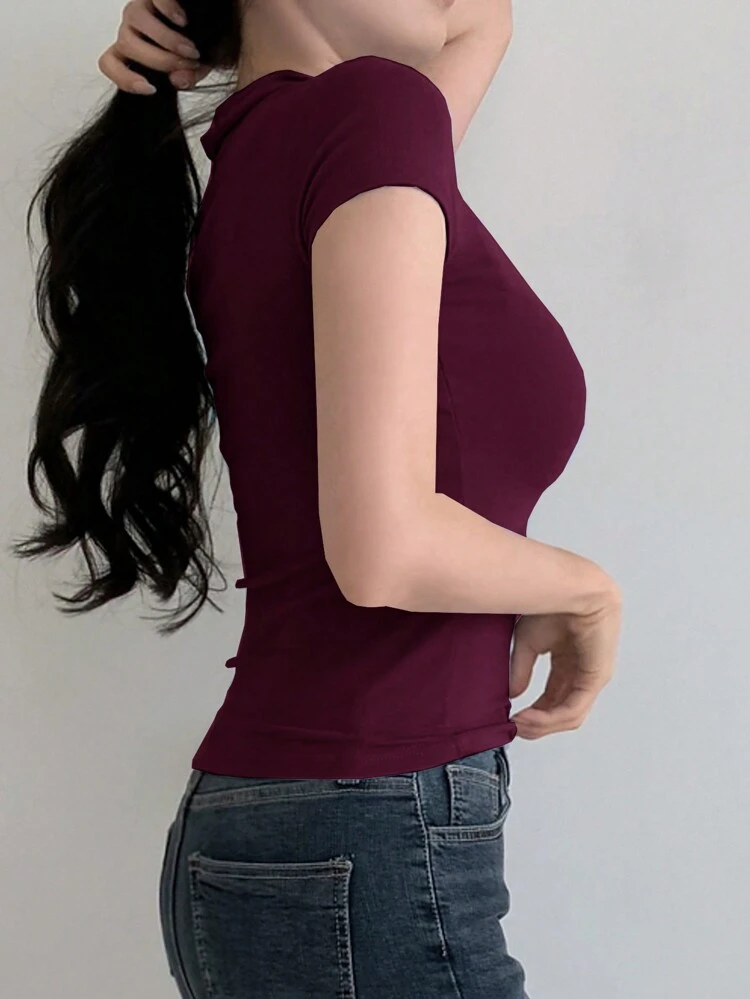 Women's Solid Color Lapel Short Sleeve V-Neck Simple Tight Polo Neck T-Shirt Summer,Business Casual Women Preppy Tops