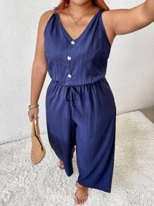 SHEIN Frenchy Plus Size Earthy Clothes Textured Crepe Cami Jumpsuit With Bow-Tie Waist And V-Neckline - Navy Blue - View 1