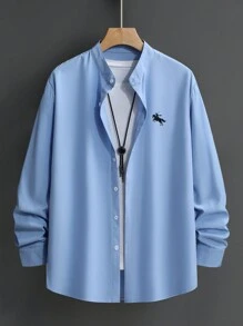 Manfinity Homme Men Single-Breasted Casual Daily Wear Graphic Long Sleeve Casual Shirt, For Work, Husband, Business, For Fall - Blue - View 3