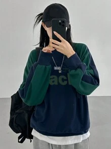 DAZY 女式拼布撞色街头风格字母印花卫衣，秋季服装 - 藏蓝色 - 查看 3