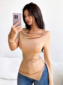 SHEIN PETITE Camiseta informal de manga larga y cuello suelto de unicolor para mujer, primavera y verano