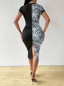 Zolique Đầm Maxi Cổ Tròn Tay Ngắn Họa Tiết Ngựa Vằn Màu Tương Phản Cho Nữ Ôm Vừa Thanh Lịch Quyến Rũ Thời Trang Trang Phục Nữ - Nhiều màu - Xem 2