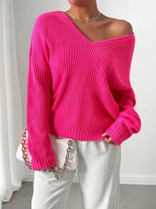 SHEIN LUNE V-Neck Dropped Shoulder Solid Color Sweater, Spring Autumn, Knit Pullover Fall Winter - Hot Pink - View 4