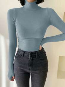 DAZY Women's Turtleneck Long Sleeve Fitted Elegant Gentle Elegant Solid Simple T-Shirt,Fall Women Clothes - Blue - View 4