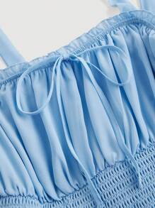 SHEIN MOD 大码雪纺系带蝴蝶结荷叶边长款度假吊带连衣裙 - 藍色 - 查看 3