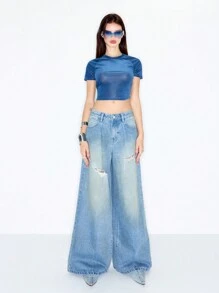 MUSERA Áo thun crop top kiểu Y2K cho bé gái, thích hợp mặc đi chơi, đi nghỉ mát, mùa xuân hè, lễ hội, ngày lễ. - Màu xanh lam - Xem 4