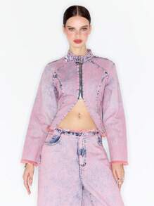 MUSERA Áo khoác cổ khóa cài kiểu Y2K, chất liệu denim bạc màu, khóa kéo nửa thân, phong cách dễ thương, gợi cảm mùa xuân 90. - Hồng - Xem 3