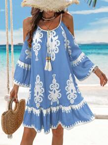 Breezaya Women Allover Print Ruffle Trim Spaghetti Strap Casual Holiday Dress - Blue - View 1
