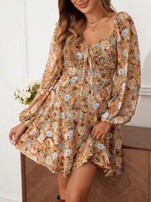 SHEIN 孕妇花卉印花灯笼袖结饰连衣裙