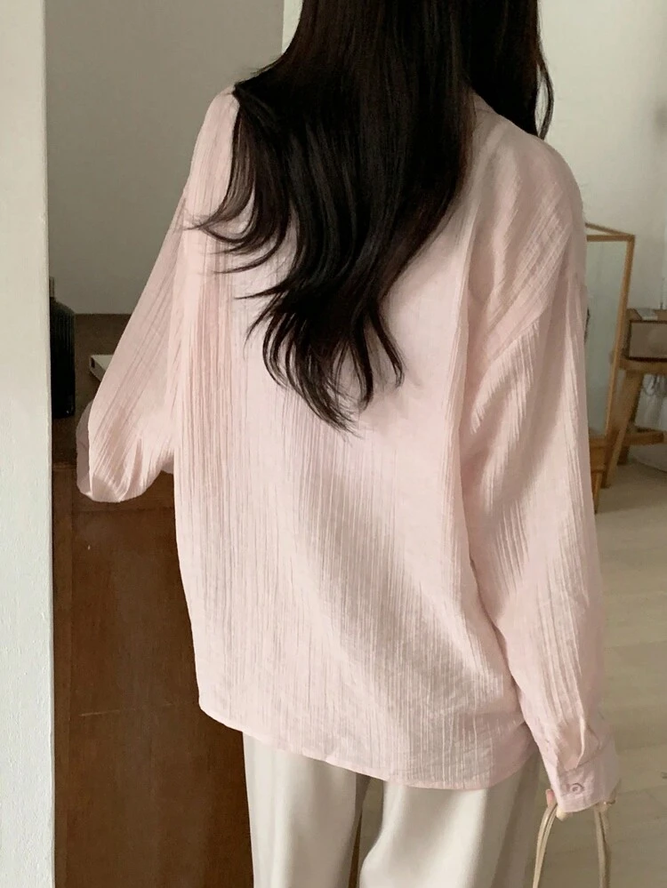 Women's Loose Solid Pink Long Sleeve Twist Knot Shirt,Fall Clothes