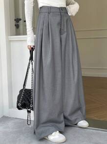 DAZY Quần ống rộng xếp ly màu trơn có túi cho nữ - Xám - Xem 4
