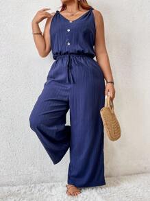 SHEIN Frenchy Plus Size Earthy Clothes Textured Crepe Cami Jumpsuit With Bow-Tie Waist And V-Neckline - Navy Blue - View 5