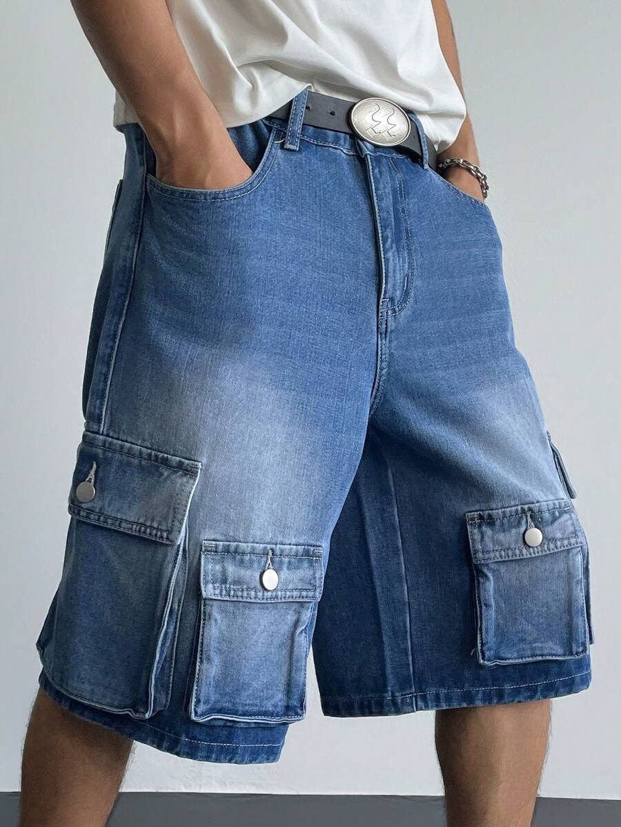 Chillumni 男士夏季休闲水洗工作服牛仔短裤 - 中等水洗藍 - 查看 1