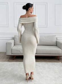 EURMUSE Off Shoulder Sweater Maxi Dress - Apricot - View 2