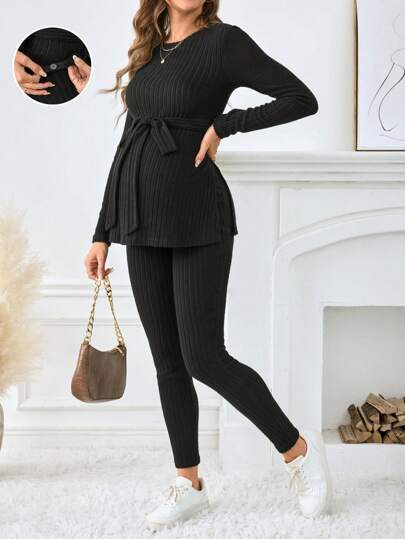 SHEIN Conjunto de jersey de punto acanalado de manga larga y unicolor para mujeres embarazadas