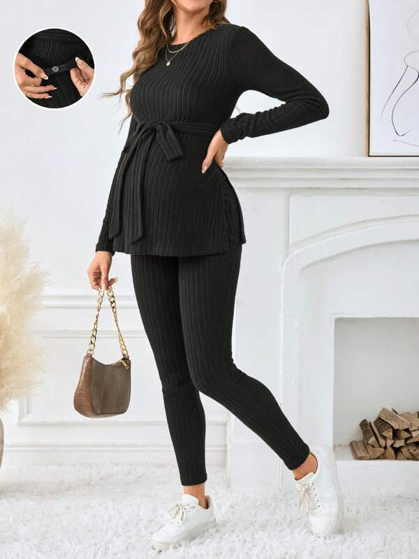 SHEIN Maternity Women's Solid Color Ribbed Knit Long Sleeve, Ribbed Knit Set