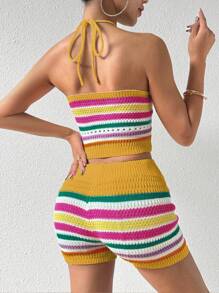 SHEIN Unity 2pcs Women Summer Striped Hollow Sleeveless Knit Top And Knitted Shorts Set - Yellow - View 2