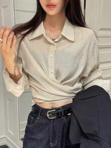 DAZY Loose Solid Color Long Sleeve Lapel Tie Front Women Blouse,Fall Clothes - Apricot - View 1