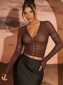 Hauture 透明纯色网眼褶皱长袖纽扣上衣 - 棕色 - 查看 1