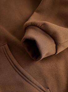 SHEIN Girlism Áo ba lỗ dệt kim màu trơn và quần short có túi và áo nỉ trùm đầu cho bé gái tuổi teen, lót nhiệt, dày - màu nâu - Xem 7