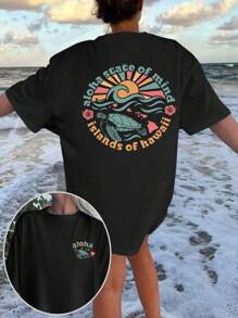 SHEIN EZwear Damen buntes Crew Neck Kurzarm T-Shirt mit Schildkröten- und Buchstaben Motiv, Sommer - Schwarz - Übersicht 1