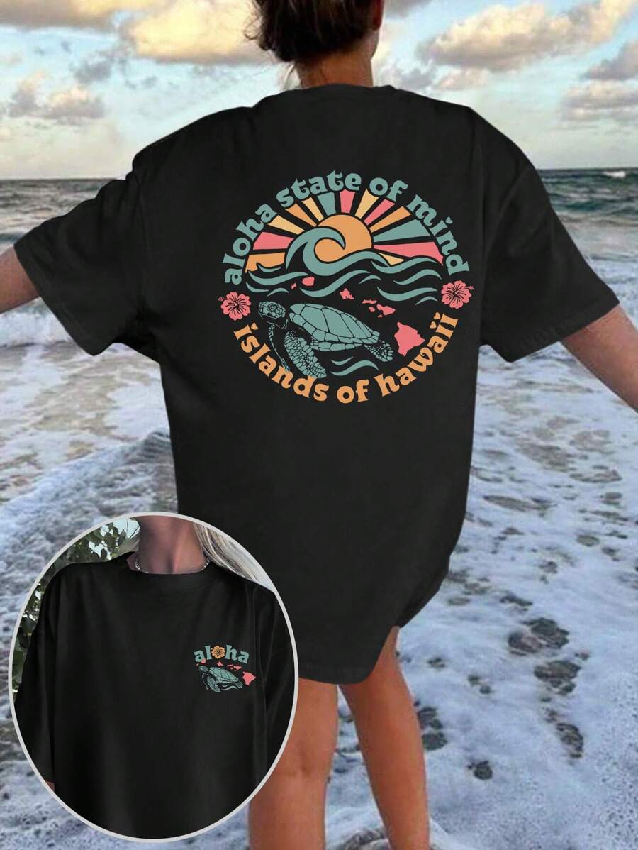 SHEIN EZwear Damen buntes Crew Neck Kurzarm T-Shirt mit Schildkröten- und Buchstaben Motiv, Sommer - Schwarz - Übersicht 1