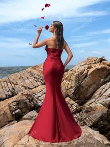 Faeriesty Faeriesty Elegant Strapless Sweetheart Neckline Pleated Bust Mermaid Train Evening Dress – Spring Summer Formal Gown For Galas, Weddings, Red Carpet Events, Evening Parties
