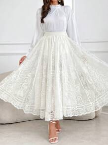 Graceveil Chân váy ren xếp tầng màu trơn thanh lịch, thích hợp cho mùa hè và mùa thu. - Màu be - Xem 2
