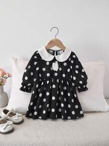 女宝宝春秋编织时尚优雅简约休闲森女学院度假户外彼得潘领长袖波点印花中长连衣裙 - 黑色 - 查看 1