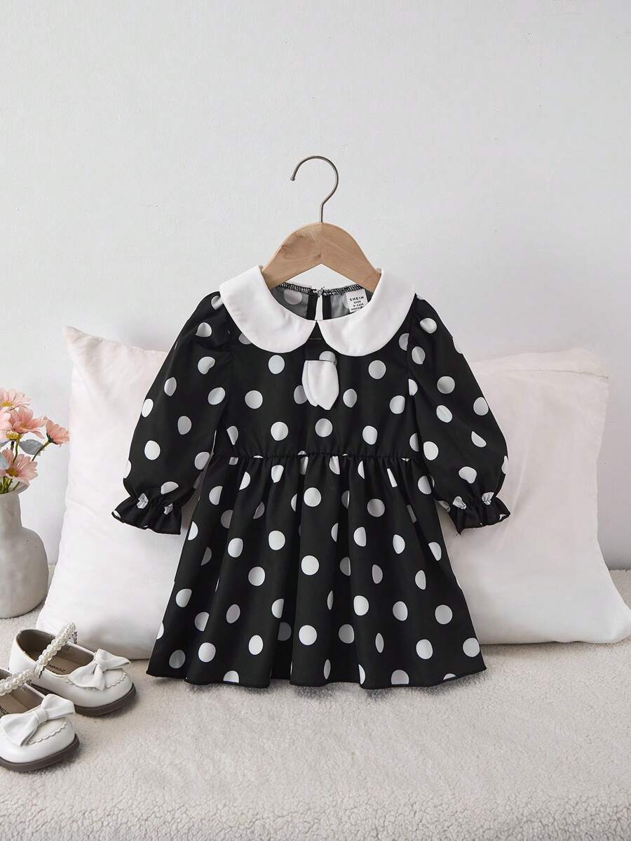 女宝宝春秋编织时尚优雅简约休闲森女学院度假户外彼得潘领长袖波点印花中长连衣裙 - 黑色 - 查看 1