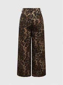 ROMWE 2 件套女士休闲豹纹抹胸和褶皱弹力针织阔腿裤套装 - 彩色 - 查看 4