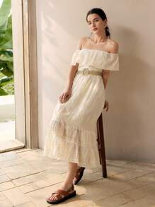 MOTF Women's Elegant Solid Color Off Shoulder Embroidery Vacation Dress - Beige - View 6