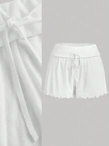 SHEIN MOD Quần short cạp thấp màu trắng có dây rút và viền ren chữ A Quần short cỡ lớn mang phong cách con gái - trắng - Xem 1