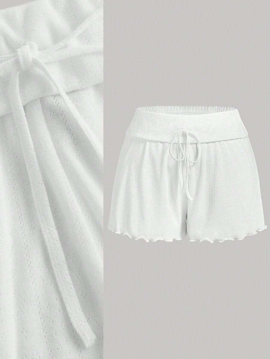 SHEIN MOD Quần short cạp thấp màu trắng có dây rút và viền ren chữ A Quần short cỡ lớn mang phong cách con gái - trắng - Xem 1