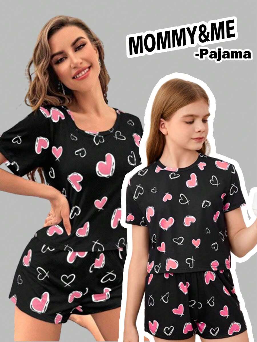 SHEIN Tween Girl Cartoon Heart Patterned Loose Fit Knit Pajama Set, Including Short Sleeve T-Shirt And Shorts, Sold Separately In 2 Sets As Mommy And Me Matching Outfits - Multicolor - View 1