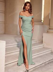 Abito lungo elegante con spalle scoperte, arricciature in vita, spacco sul davanti e sulla coscia, adatto per cerimonie come balli di fine anno, feste, matrimoni, lauree, cene