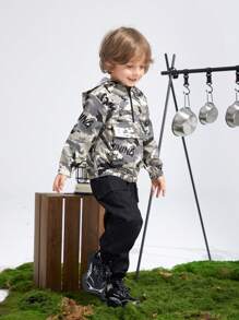 SHEIN Young Boys Casual Loose Camo Print Hooded Jacket + Thermal Lined Thickened Sweatpants Set