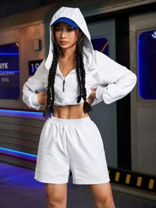 Streetz SHEIN Sport 女士短款纯色连帽运动衫和短裤两件套 - 白色 - 查看 3