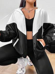SHEIN EZwear 大码拼色抽绳连帽夹克，春秋装 - 白色 - 查看 1
